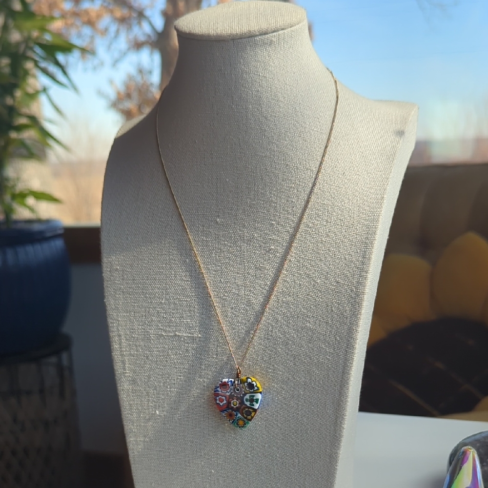 Glass Heart Gold Tone Pendant/Necklace 18"